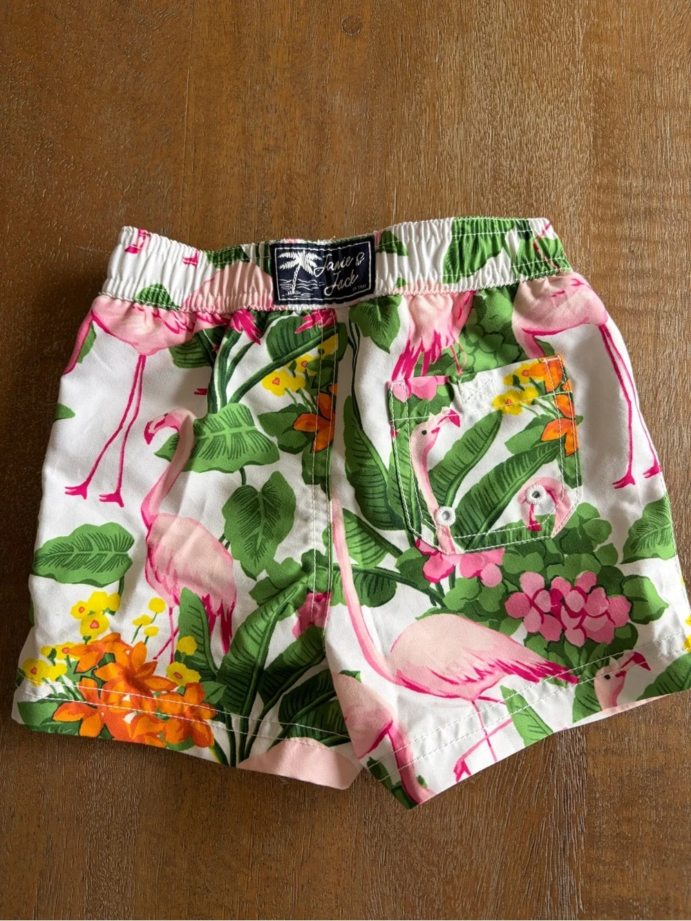 Janie and Jack White Swim Trunks with Pink Flamingos and Green Leaves